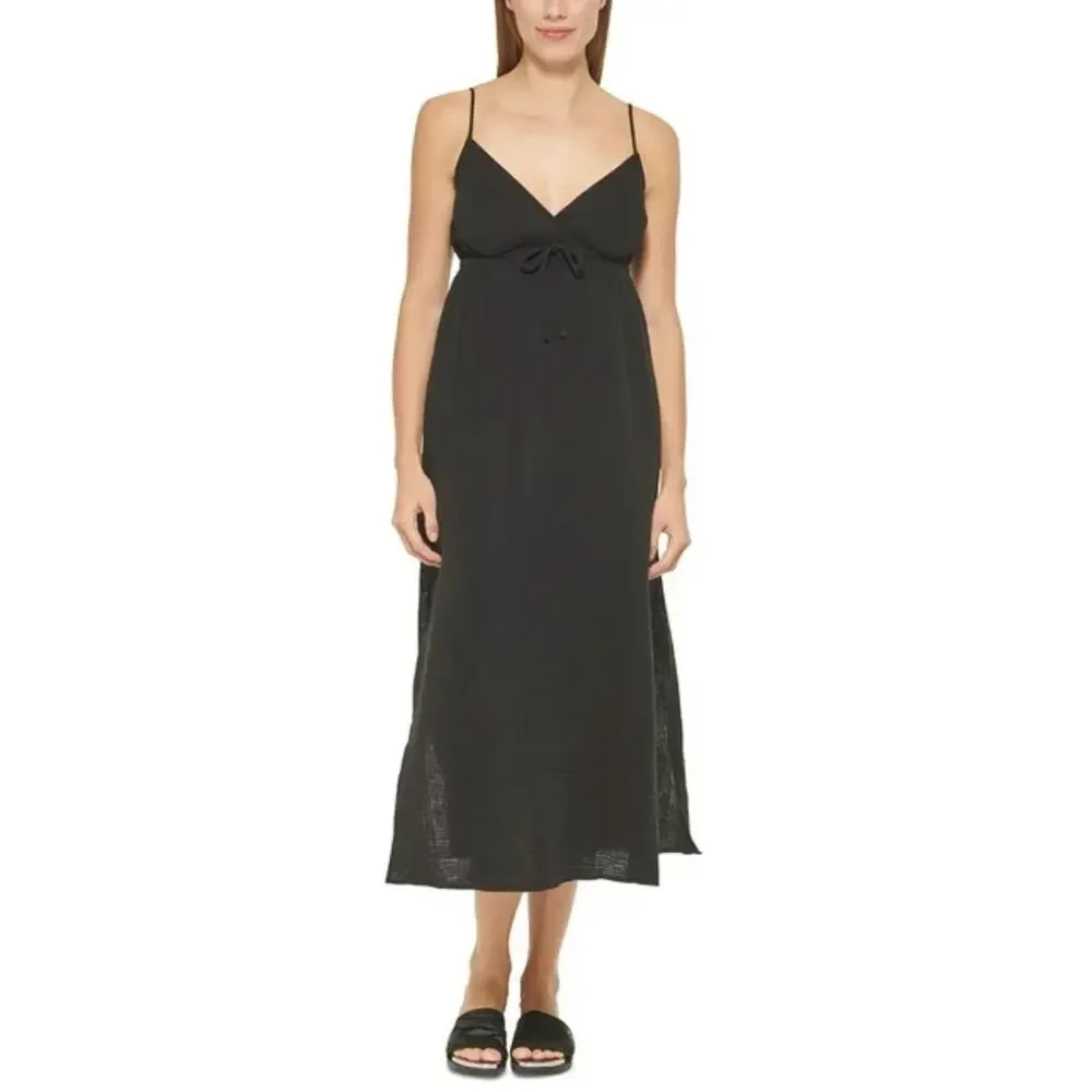 NWT DKNY V-Neck Front Tie Maxi Dress Cover Up Black Beachwear Side Slit Size M